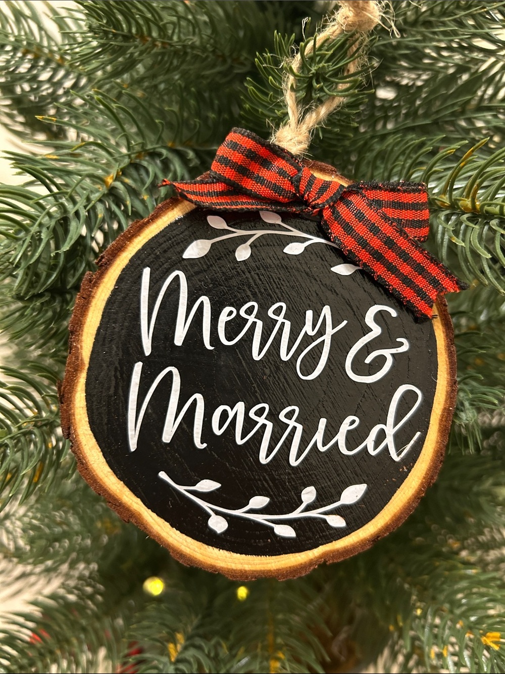 Merry & Married Black Wood Slice Ornament with Red Plaid Bow